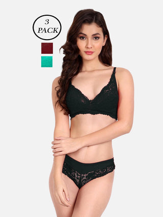 Women Lycra Lace Bra Panty Non-Padded Pack of 3 Lingerie Set - fimsfashion