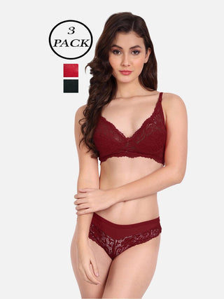 Women Lycra Lace Bra Panty Non-Padded Pack of 3 Lingerie Set - fimsfashion