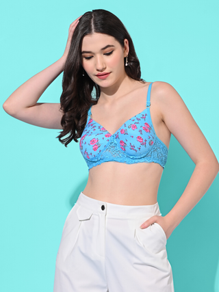 FIMS Fashion Women Cotton Blend Floral Print Lace Padded Bra Pack of 1 Blue