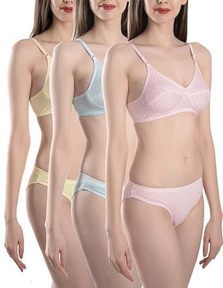 FIMS Fashion Women Cotton Blend Dott Print Full Coverage Lingerie Set Pack of 3 Blue Yellow Pink