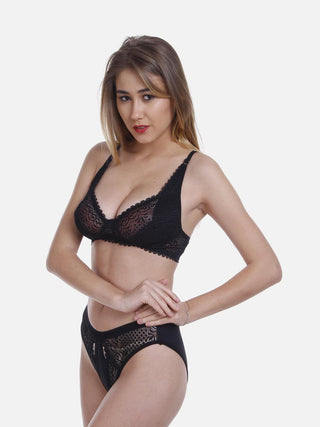 Women Lycra Net Floral Lace Bra Panty Non-Padded Non-Wired Lingerie Set - fimsfashion