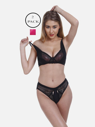 Women Lycra Net Floral Lace Bra Panty Non-Padded Non-Wired Pack Of 2 Lingerie Set - fimsfashion