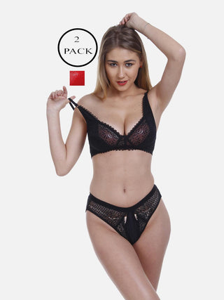 Women Lycra Net Floral Lace Bra Panty Non-Padded Non-Wired Pack Of 2 Lingerie Set - fimsfashion