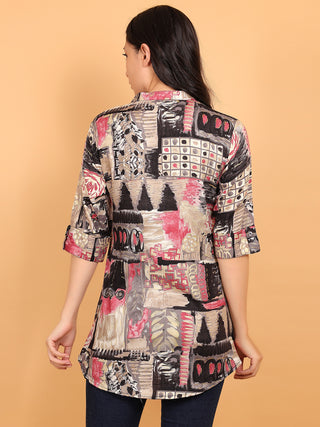 FIMS - Fashion is my style Rayon Abstract Printed Short Kurti for Women, Mandarin Collar V Neck, Roll-Up 3/4 Sleeves