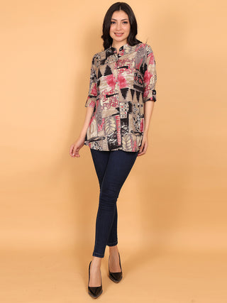 FIMS - Fashion is my style Rayon Abstract Printed Short Kurti for Women, Mandarin Collar V Neck, Roll-Up 3/4 Sleeves
