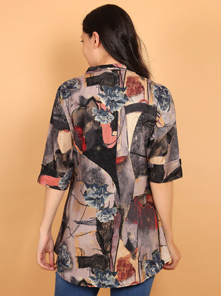 FIMS - Fashion is my style Rayon Abstract Printed Short Kurti for Women, Mandarin Collar V Neck, Roll-Up Sleeves