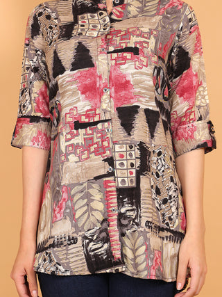 FIMS - Fashion is my style Rayon Abstract Printed Short Kurti for Women, Mandarin Collar V Neck, Roll-Up 3/4 Sleeves