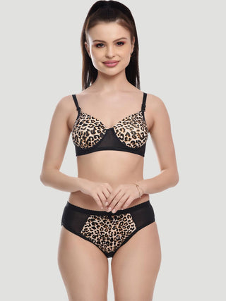 Women Lycra Blend Animal Print Lightly Padded Bra Panty Pack of 1 Black Lingerie Set - fimsfashion