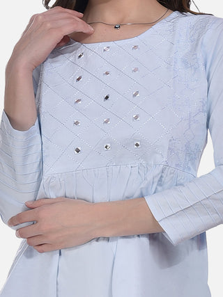 FIMS Fashion Women Cotton Pleated & Gathered Embroidery Stone Full Sleeves Light Blue