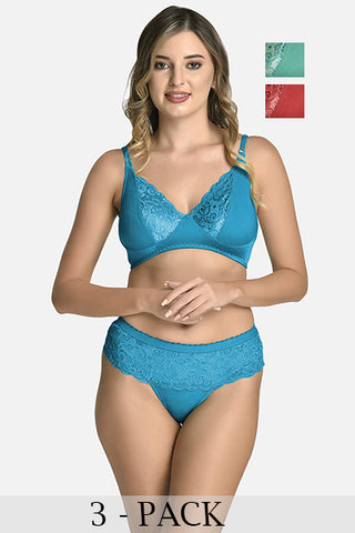 Women Lycra Lace Bra Panty Non-Padded Pack of 3 Lingerie Set Blue Green Maroon