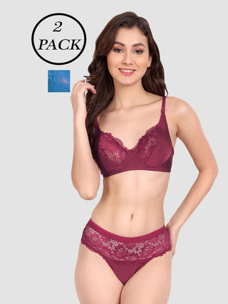 Women Lycra Lace Bra Panty Non-Padded Pack of 2 Lingerie Set - fimsfashion