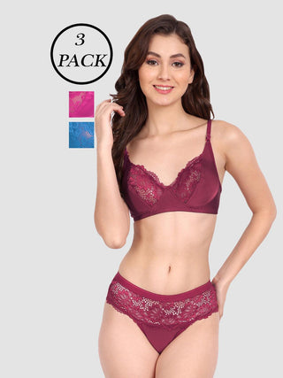 Women Lycra Lace Bra Panty Non-Padded Pack of 3 Lingerie Set - fimsfashion