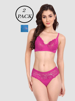 Women Lycra Lace Bra Panty Non-Padded Pack of 2 Lingerie Set - fimsfashion