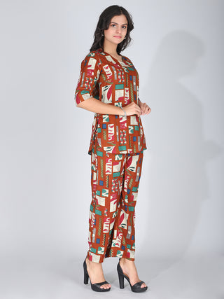 Coffee Brown Printed Co-Ord Set Loungewear