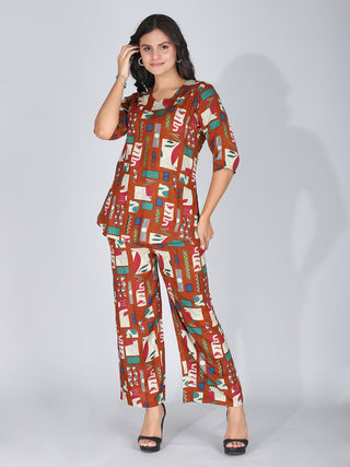 Coffee Brown Printed Co-Ord Set Loungewear