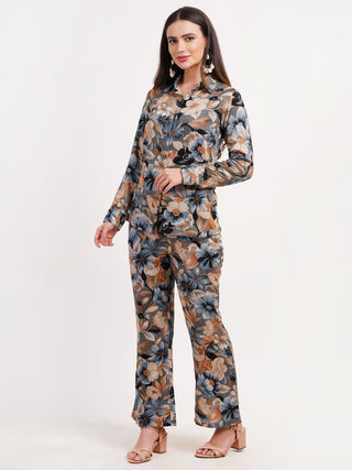 FIMS Fashion Women Rayon Blue Floral Print Shirt with Palazzo Co-ord Set