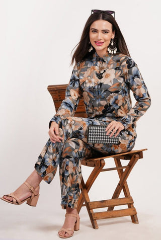 FIMS Fashion Women Rayon Blue Floral Print Shirt with Palazzo Co-ord Set