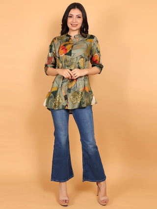 FIMS - Fashion is my style Rayon Abstract Printed Short Kurti for Women, Mandarin Collar V Neck, Roll-Up Sleeves