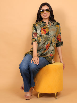 FIMS - Fashion is my style Rayon Abstract Printed Short Kurti for Women, Mandarin Collar V Neck, Roll-Up Sleeves