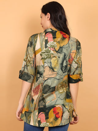 FIMS - Fashion is my style Rayon Abstract Printed Short Kurti for Women, Mandarin Collar V Neck, Roll-Up Sleeves