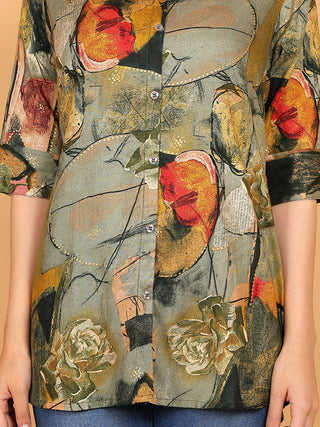 FIMS - Fashion is my style Rayon Abstract Printed Short Kurti for Women, Mandarin Collar V Neck, Roll-Up Sleeves