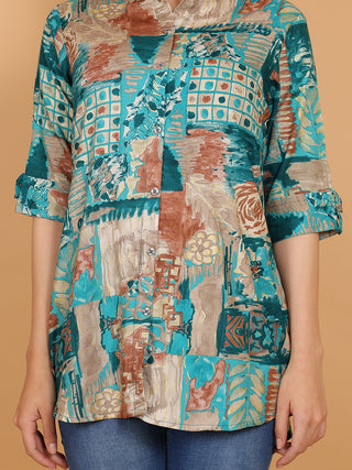 FIMS - Fashion is my style Rayon Abstract Printed Short Kurti for Women, Mandarin Collar V Neck, Roll-Up 3/4 Sleeves