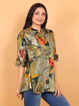 FIMS - Fashion is my style Rayon Abstract Printed Short Kurti for Women, Mandarin Collar V Neck, Roll-Up Sleeves