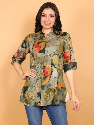 FIMS - Fashion is my style Rayon Abstract Printed Short Kurti for Women, Mandarin Collar V Neck, Roll-Up Sleeves