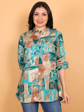 FIMS - Fashion is my style Rayon Abstract Printed Short Kurti for Women, Mandarin Collar V Neck, Roll-Up 3/4 Sleeves