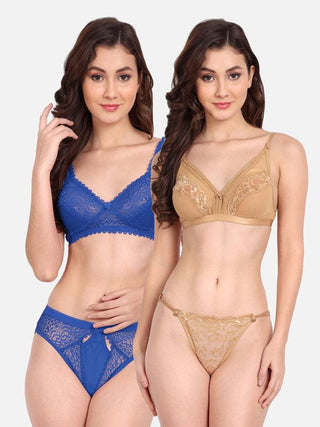 Women Lycra Net Floral Lace Bra Panty Non-Padded Non-Wired Pack of 2 Lingerie Set - fimsfashion