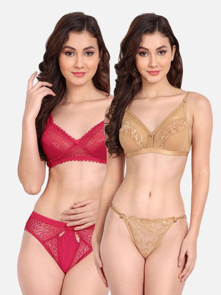 Women Lycra Net Floral Lace Bra Panty Non-Padded Non-Wired Pack of 2 Lingerie Set - fimsfashion