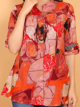 FIMS - Fashion is my style Rayon Abstract Printed Short Kurti for Women, Mandarin Collar V Neck, Roll-Up Sleeves