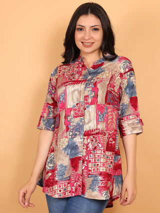 FIMS - Fashion is my style Rayon Abstract Printed Short Kurti for Women, Mandarin Collar V Neck, Roll-Up 3/4 Sleeves