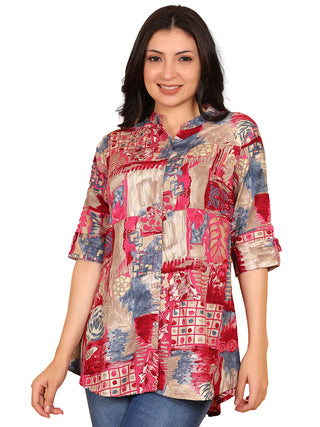 FIMS - Fashion is my style Rayon Abstract Printed Short Kurti for Women, Mandarin Collar V Neck, Roll-Up 3/4 Sleeves