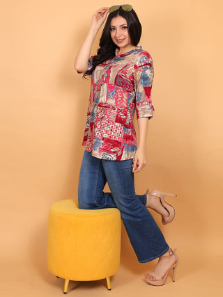 FIMS - Fashion is my style Rayon Abstract Printed Short Kurti for Women, Mandarin Collar V Neck, Roll-Up 3/4 Sleeves