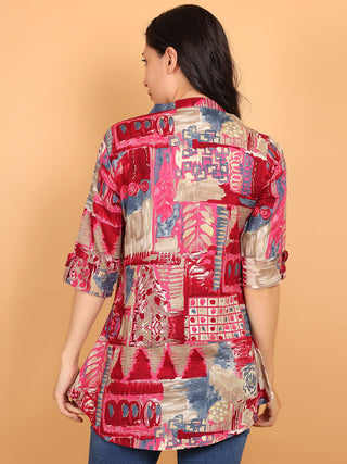 FIMS - Fashion is my style Rayon Abstract Printed Short Kurti for Women, Mandarin Collar V Neck, Roll-Up 3/4 Sleeves