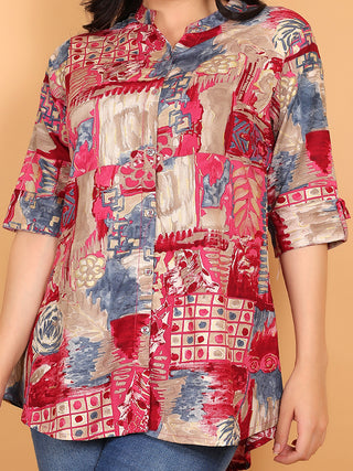 FIMS - Fashion is my style Rayon Abstract Printed Short Kurti for Women, Mandarin Collar V Neck, Roll-Up 3/4 Sleeves