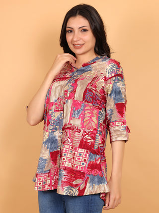 FIMS - Fashion is my style Rayon Abstract Printed Short Kurti for Women, Mandarin Collar V Neck, Roll-Up 3/4 Sleeves