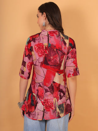 FIMS - Fashion is my style Rayon Abstract Printed Short Kurti for Women, Mandarin Collar V Neck, Roll-Up Sleeves