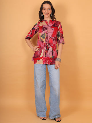 FIMS - Fashion is my style Rayon Abstract Printed Short Kurti for Women, Mandarin Collar V Neck, Roll-Up Sleeves