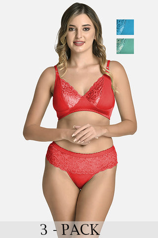 Women Lycra Lace Bra Panty Non-Padded Pack of 3 Lingerie Set Red Blue Green