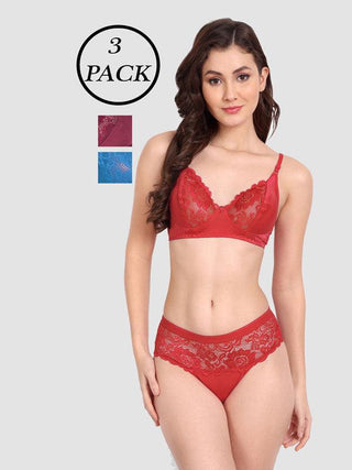 Women Lycra Lace Bra Panty Non-Padded Pack of 3 Lingerie Set - fimsfashion