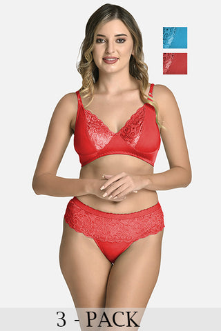 Women Lycra Lace Bra Panty Non-Padded Pack of 3 Lingerie Set Red Blue Maroon