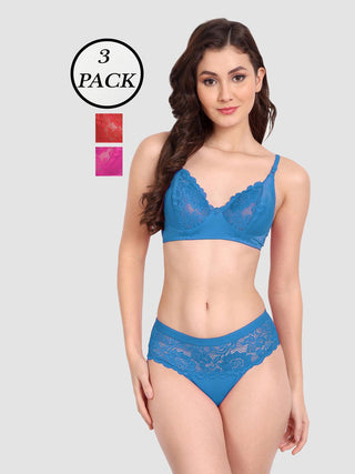 Women Lycra Lace Bra Panty Non-Padded Pack of 3 Lingerie Set - fimsfashion