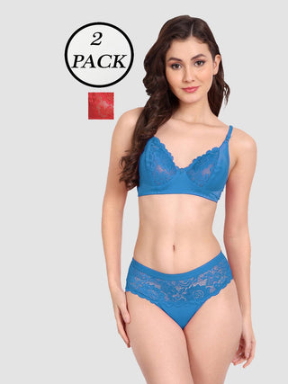 Women Lycra Lace Bra Panty Non-Padded Pack of 2 Lingerie Set - fimsfashion