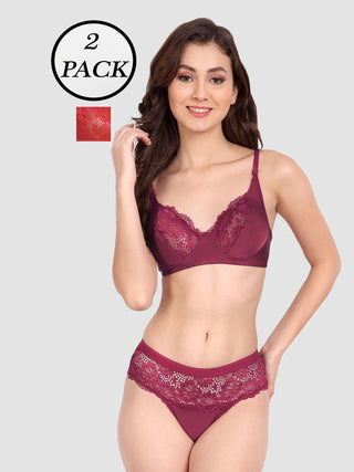 Women Lycra Lace Bra Panty Non-Padded Pack of 2 Lingerie Set - fimsfashion