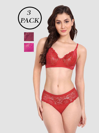 Women Lycra Lace Bra Panty Non-Padded Pack of 3 Lingerie Set - fimsfashion