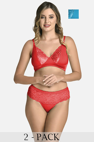 Women Lycra Lace Bra Panty Non-Padded Pack of 2 Lingerie Set Red Blue