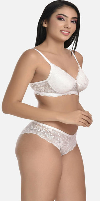 FIMS Fashion Women Padded White Lace Patterned Full Coverage Lingerie Set - fimsfashion
