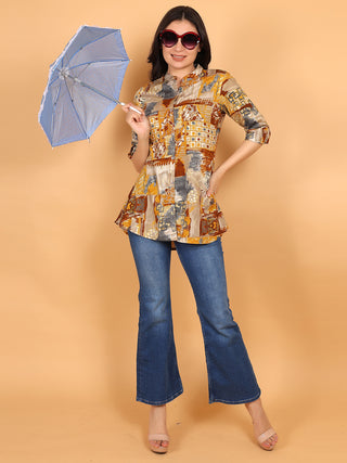 FIMS - Fashion is my style Rayon Abstract Printed Short Kurti for Women, Mandarin Collar V Neck, Roll-Up 3/4 Sleeves